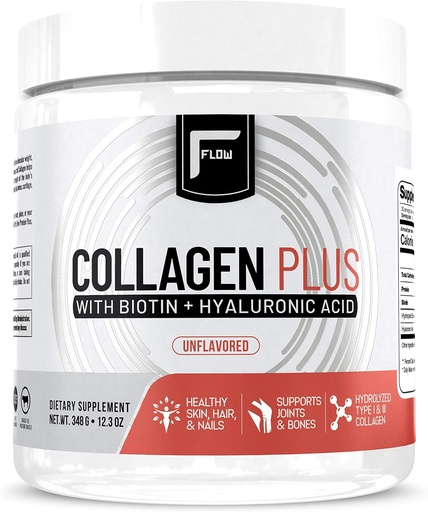 [BRSWYYICBUDWKHLP] Flow Supplements Collagen Peptides Protein Powder Collagen Supplements with Hyaluronic Acid + Biotin Hydrolyzed Collagen Peptides Multi Collagen Powder Type I and III - 348 Gram (Pack of 1)
