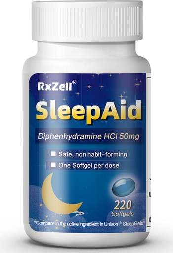 [BRSWYGT6OV7QYCQV] RXZELL Sleep Aid, Diphenhydramine 50mg, Easy-to-Swallow Softgels, Supports Deeper Restful Sleeping, Non Habit-Forming (220 Counts)