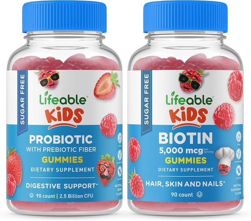 [BRSRO2T6PIPR4GT6] Lifeable Sugar Free Probiotic + Prebiotic Fiber Kids + Biotin Kids, Gummies Bundle - Great Tasting, Vitamin Supplement, Gluten Free, GMO Free, Chewable Gummy