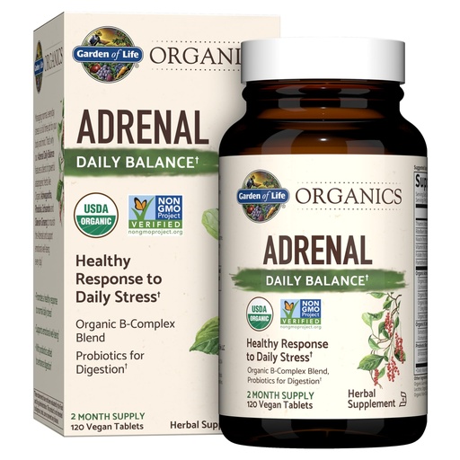 [BRSWGFL6BEIQKF33] Garden of Life Organics Adrenal Daily Balance, Adaptogenic Herbs Ashwagandha, Holy Basil, B Complex & Probiotics, Organic Non-GMO, Vegan, Gluten Free Supplement, Two Month Supply, 120 Tablets