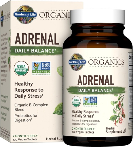 [BRSWGFL6BEIQKF33] Jardín de Vida Orgánicas Balanza diaria Adrenal, Hierbas Adaptogénicas Ashwagandha, Basil Santo, Complejo B &amp; Probióticos, Orgánica Non-GMO, Vegan, Suplemento libre de gluten, Dos Mes Fuente, 120 Tabletas
