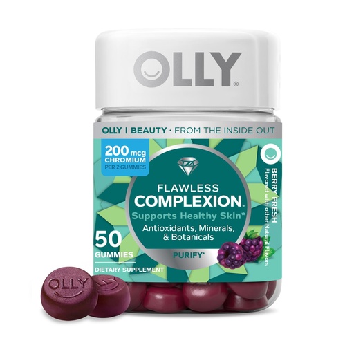 [BRSWECATOYCBGADF] OLLY Flawless Complexion Gummy, Clear and Healthy Skin Support, Vitamins E, A, Zinc, Chewable Supplement, Berry - 50 Count (Pack of 1)