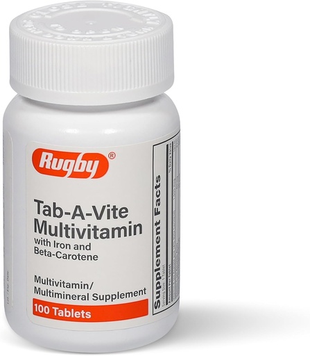 [BRSRMAANAECQG3A2] Rugby Tab-A-Vite Multivitamin med järn och Beta-Carotene - Daglig multivitamin för vuxna, stöder övergripande hälsa, multimineralt tillskott - 100 tabletter