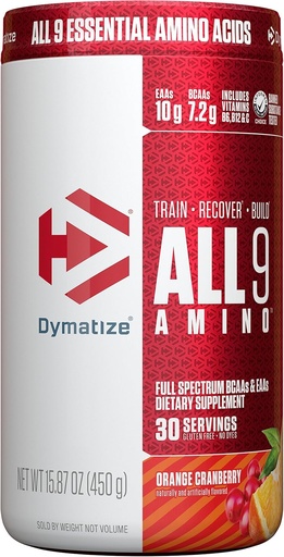 [BRSWGEIFCMDWEA3K] Dymatize All9 Amino, 7.2g of BCAAs, 10g of Full Spectrum Essential Amino Acids Per Serving for Recovery and Optimal Muscle Protein Synthesis, Orange Cranberry, 30 Servings, 15.87 Ounce