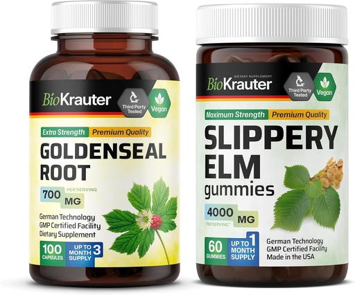 [BRSRAGQTDN7GE3TD] BIO KRAUTER Goldenseal 100 Capsules & Slippery Elm 60 Gummies