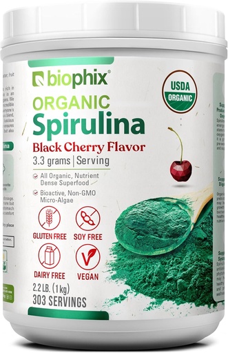 [BRSROEI2DMDRMHL3] biophix Organic Spirulina Powder 2.2 lb Black Cherry Flavor - Protein-Rich Nutrient-Dense Superfood - Powerful Antioxidant - Supports Immune Health