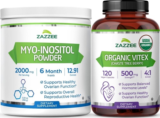 [BRSW2HT6BV6RA3QY] Zazzee Organic Vitex Chasteberry and Myo Inositol Powder | Vitex Berry Extract Plus Myo Inositol Supplement | Female Cycle Support Bundle
