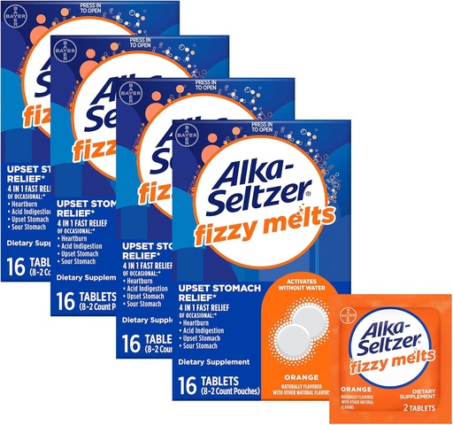 [BRSROBL7B4CRQHTJ] Alka-Seltzer Fizzy Melts, Dissoudre sur la langue, Pas d'eau nécessaire, Supplément alimentaire sur le pouce Comprimés antiacides, pour soulager les brûlures d'estomac occasionnelles et l'indigestion acide*, Arôme orange, 64 Compte