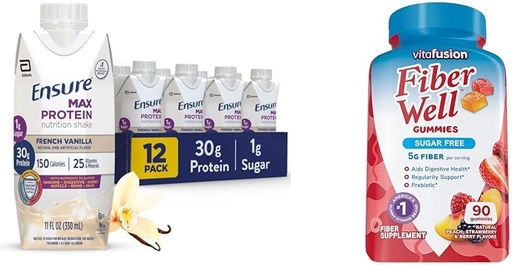 [BRSRAYYYBZ6REEIV] Ensure Max Protein Nutrition Shake with 30g Protein & Vitafusion Sugar Free Fiber Gummies, Peach/Strawberry/Blackberry, 90 Count