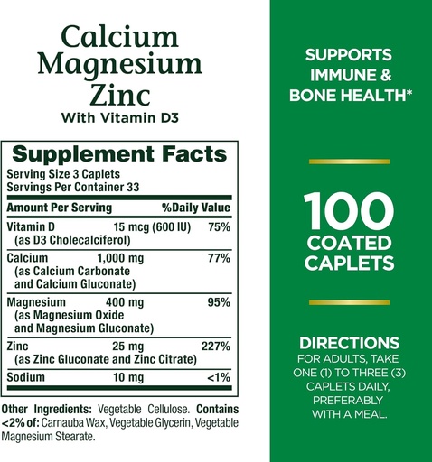 [BRSRAY35DMIRMHLP] Nature's Bounty Calcium Magnesium & Zinc Caplets, Immune & Supporting Bone Health, 100 Count (Pack of 2)
