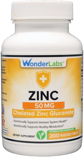 [BRSROYADAQBGK2DK] Wonder Laboratories Chelated Zinc Gluconate 50 mg - Supports Healthy Skin, Immune System, Cell Growth, and More - 200 Vegetarian Tablets
