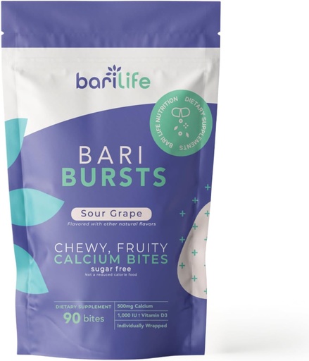 [BRSROGQBO54GGH37] Calcium Citrate Bariatric Calcium Chews with 1000 IU Vitamin D3 - Ideal for Bariatric Patients - BariBurst by Bari Life (Sour Grape)