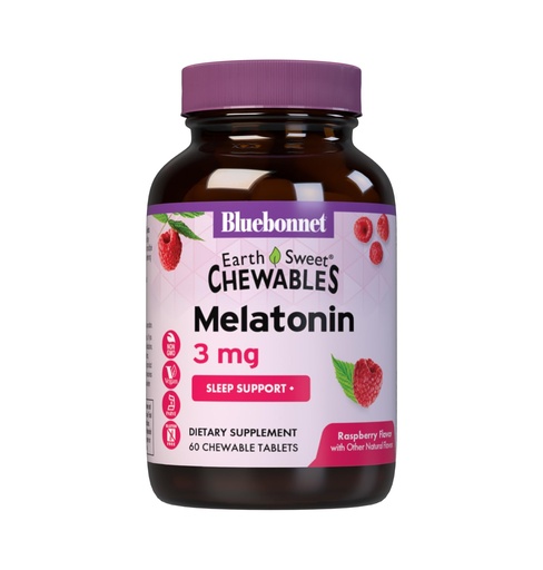 [BRSWKEIMAYAWMGDM] Bluebonnet Nutrition EarthSweet Melatonin 3 mg Fast-Acting Quick Dissolve Nighttime Relaxation & Restful Sleep Support - Sleep Aid - Gluten-Free, Vegan - Raspberry Flavor - 60 Chewable Tablets