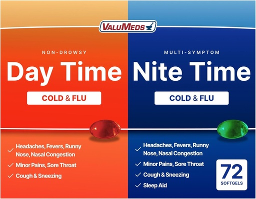 [BRSROAIFCR7QYD3U] ValuMeds Cold & Flu Multi-Symptom Relief for Congestion, Headache, Sore Throat, Aches and Pains, Fever | Acetaminophen (Daytime & Nighttime, 72 Count)