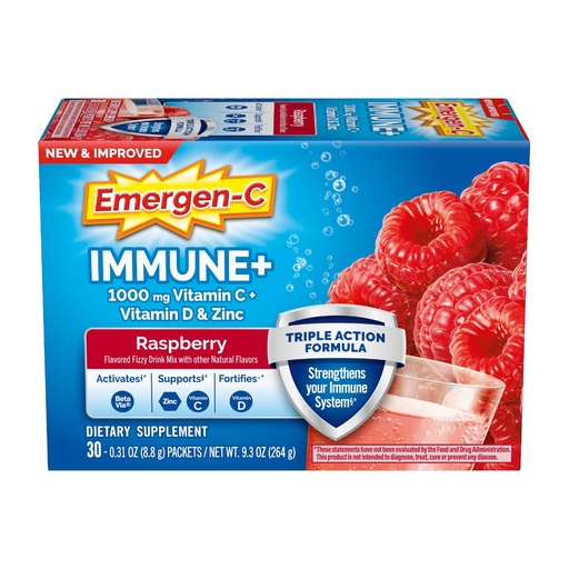 [BRSWIHANPJYBYAA5] Emergen-C Immune+ Triple Action Immune Support Powder, BetaVia (R), 1000mg Vitamin C, B Vitamins, Vitamin D and Antioxidants, Raspberry – 30 Count