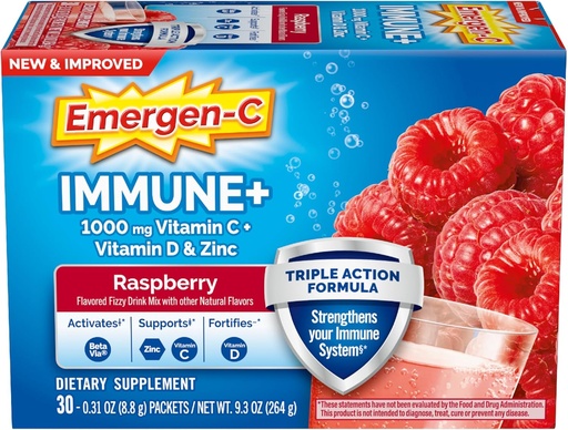 [BRSWIHANPJYBYAA5] Emergen-C Immune+ Triple Action Immune Support Powder, BetaVia (R), 1000mg Vitamin C, B Vitamins, Vitamins, Vitamin D and Antioxidants, Raspberry, back to School Essentials – 30 count