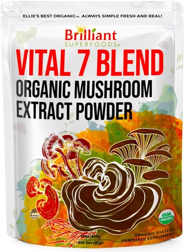 [BRSROEAFAEAQOAAY] Ellie's Best 7 Mushroom Powder Extract Blend Suplemento - Organic Reishi, Lion's Mane, Chaga, Turquía Tail, Cordyceps, Maitake & Shiitake - Double Extracted - 16oz / 456 Servings...