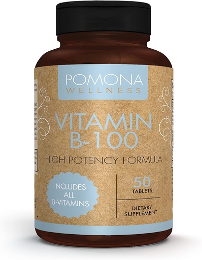 [BRSW2EAPOFYWGF3O] Pomona Wellness Vitamin B-komplex tillskott med folsyra, hög styrka multivitamin, alla 10 B-vitaminer inklusive B12, stöder energinivåer, hjärthälsa, icke-GMO, 50 tabletter