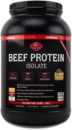[BRSWIAQOCQGGMDDK] Olympian Labs Beef Protein Isolate Powder, 24g Protein, BST Gratis, 2 Grams BCAA's, Muscle Building Amino Acids, 32 onzas, Flavored with Real Chocolate