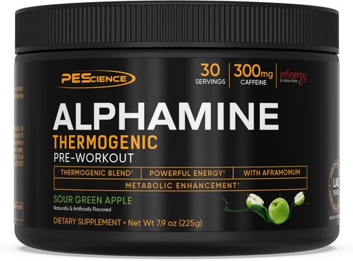 [BRSWY2TQC4GQ22AY] PEScience Alphamine Thermogenic Pre Workout, Fat Burner Pre Workout Energy Powder med L-Carnitine, Sour Green Apple, 60 Scoops
