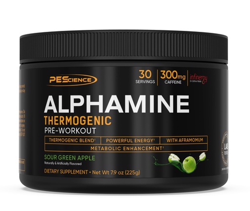 [BRSWY2TQC4GQ22AY] PEScience Alphamine Thermogenic Pre-Workout, Fat Burning PreWorkout Energy Powder with L-Carnitine - Sour Green Apple, 60 Scoops