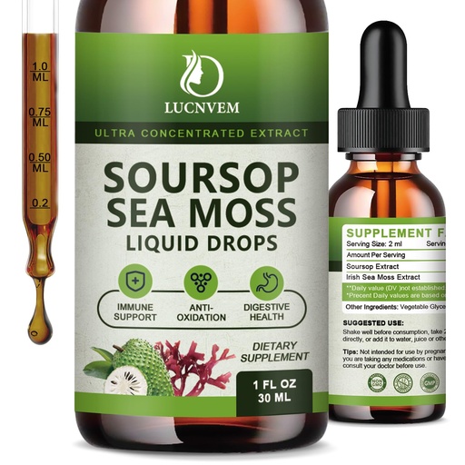 [BRSRA2Y2OUBRE3AU] LUCNVEM (2 Pack) Soursop Graviola with Sea Moss Liquid Drops, Soursop Bitters Liquid Rich in Multivitamin for Natural Antioxidant, Immune Boost, Cell Support & Regeneration, Pineapple Flavor