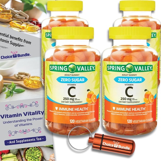 [BRSROADYBANAI33V] Valg Bundle Spring Valley Zero Sugar Vitamin C Gummies Diett Supplement 250 mg 120 Ct 4 stk (480 Totalt) + Vitamin Guide & Pill Container (6 varer)!