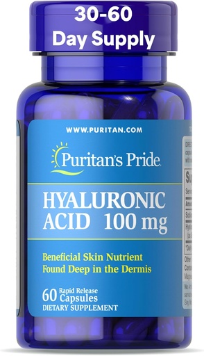 [BRSWIEIMON5WGG3I] Puritaanit Pride Hyaluronic Acid 100mg, Ravintolisä ihon nesteytymiseen, 60 nopearelease kapselit