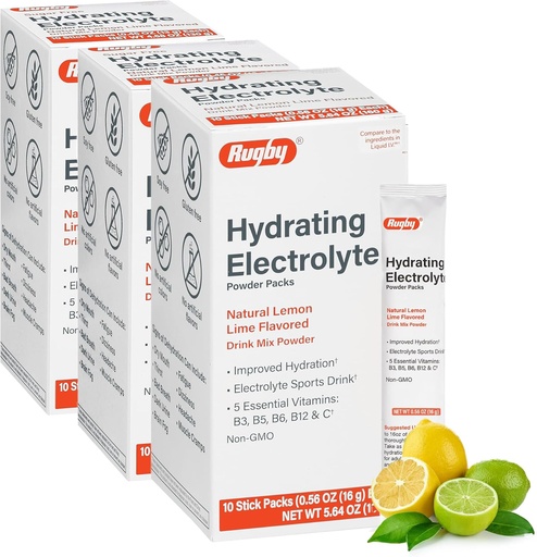 [BRSRABQTOYMGC2D5] Rugby Hydrating Electrolyte Powder Packs - Drink Mix Powder Packets with 5 Vitamins - Improved Hydration - Natural Lemon-Lime Flavor - 10 Stick Packs - 0.56 Oz Each (3 Pack)