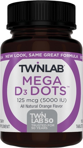 [BRSWIZICPMDGE23E] Twinlab Mega D-3 Dots - Vitamin D Supplement for Immune Health and Bone Support - 100 Orange Tablets, 125 mcg (5000 IU) (Pack of 2)