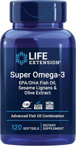 [BRSWIYABBIAQ433M] Life Extension Super Omega-3 EPA/DHA with Sesame Lignans & Olive Extract, 120 Count