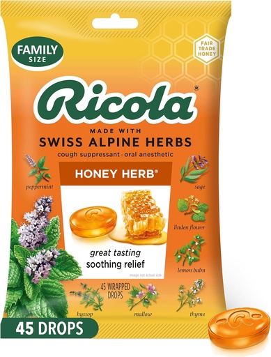 [BRSWGYI6BYOWMADU] Ricola Honey Herb Cough tilgad, 45 Count, Fair Trade Honey & Natural Menthol Cough Suppressant & Throat leevendavad tilgad, Great Maitse leevendamine köha ja kurgu ärrituse sümptomid