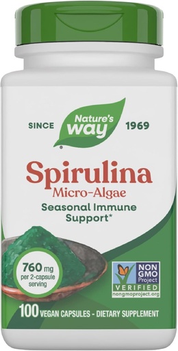 [BRSWIYT3OMAQKFT4] Camino de la Naturaleza Spirulina Micro-Algae, Soporte Estacional de Inmuno*, Fuente de Vitamina A (Beta Carotene), 760 mg por Serving, 100 cápsulas Vegan (Paquete May Vary)