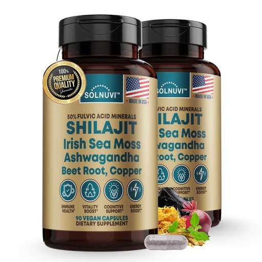 [BRSRAZQQCENGYDTZ] Shilajit Pure Himalayan Organic Capsules with Irish Sea Moss, Ashwagandha, Copper, Beet Root - Fulvic Acid Trace Minerals Supplement for Men & Women - 90 Count, Non-GMO, Gluten-Free