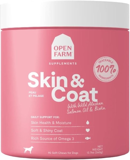 [BRSW2CY7CQIB4HLH] Open Farm Skin & Coat Chews, Dog Supplement, Dog Vitamins, Supports a Soft and Shiny Coat Using Traceable and Vet-Approved Ingredients, 12.7 oz, 90 Count