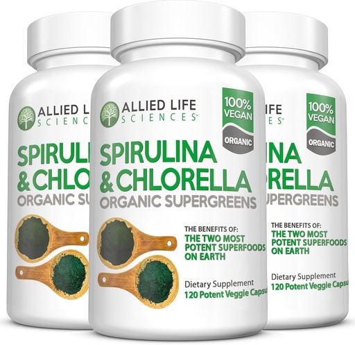 [BRSWGEL7AUBAODTJ] Allied Life Spirulina and Chlorella | Organic Chlorophyll Vegan Protein Powder Green Superfood Capsules | Natural Immune Support (3 Bottle Pack)