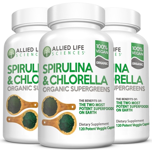 [BRSWGEL7AUBAODTJ] Allied Life Spirulina and Chlorella | Organic Chlorophyll Vegan Protein Powder Green Superfood Capsules | Natural Immune Support (3 Bottle Pack)