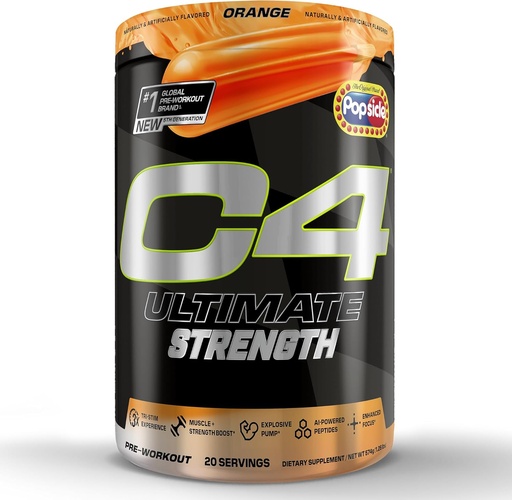 [BRSRAZIEDIBBSHLV] Cellucor C4 Ultimate Strength Pre Workout Powder - Tri-Stim Experience 300mg Caffeine+TeaCrine+Dynamine - Creatine & Beta-Alanine - Energy Supplement for Men & Women - Orange Popsicle, 20 Servings