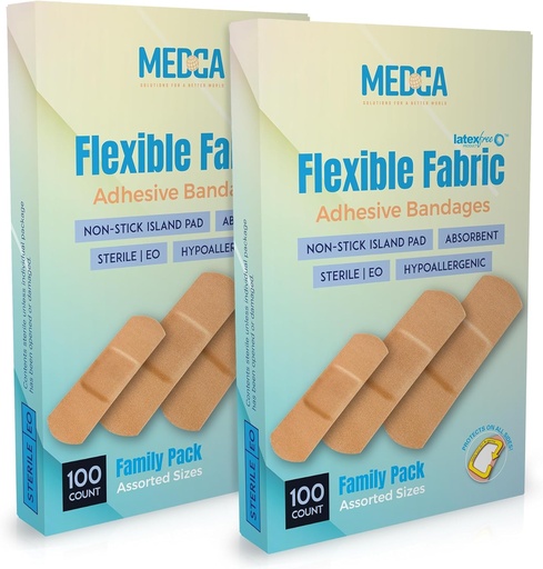 [BRSROFIEARYA4GTD] Flexible Fabric Adhesive Bandages for Comfortable Flexible Large Protection & Wound Care of Minor Cuts, Scrapes, & Wounds, Assorted Sizes (2-1/4"x5/8", 3" x3/4", 3"x1") - Twin Pack 100 CT Box