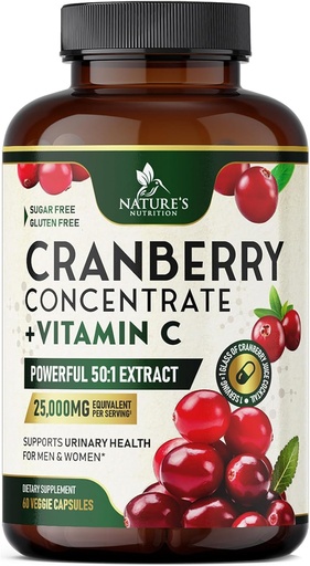 [BRSRAZICAUPAAEL6] Cranberry Supplement Pills 25,000mg - High Potency Vitamin C Cranberry for Women & Men, Urinary Tract Health Support, Sugar Free, Gluten Free, Non-GMO, Cranberry Concentrate Extract - 60 Capsules