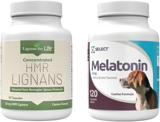 [BRSRAYYBOUDREFLH] Lignans for Life & K9 Select Pet Care Bundle - HMR Lignans 20mg, 90 Kapsule - Melatonin & 3mg, 120 arašidovo maslo arome tablete - Multivitaminski pes Wellness dopolnilo zdravljenja - srednje velikosti pasja pasma