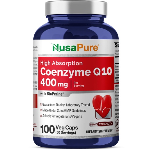 [BRSWYEIEAANBYEQ6] NusaPure CoQ10 400mg 100 Veggie Caps (Vegan, Non-GMO) Coenzyme Q10 Supplement, Antioxidant COQ-10 Enzyme, Coq 10