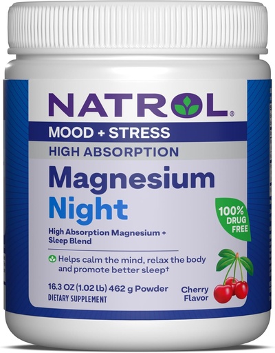 [BRSROGQRDF4AMFDX] Natrol Magnesium Night 325 mg, High Absorption Magnesium and Sleep Blend to Help Calm The Mind, Relax The Body and Promote Better Sleep, 16.3 OZ of Cherry-Flavored Powder, Up to a 60 Day Supply