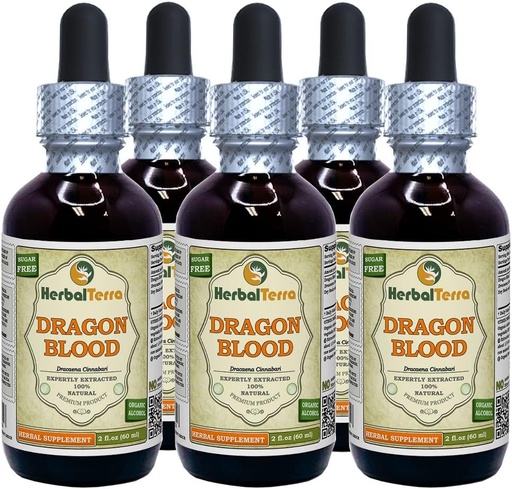 [BRSWGHYRAEPBQ33Z] Dragon Blood Resin (Daemonorops Draco) Tincture, Dried Resin Liquid Extract (Brand Name: HerbalTerra, Proudly Made in USA) 5x2 fl.oz (5x60 ml)