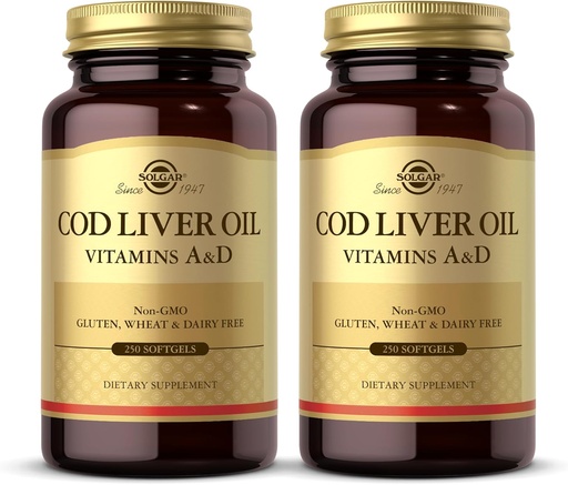[BRSWKH3YOIDWMHDM] Solgar Cod Liver Oil - 250 Softgels, Pack de 2 - Proporciona vitaminas A &amp; D - No GMO, Gluten Gratis - 500 Total Servings