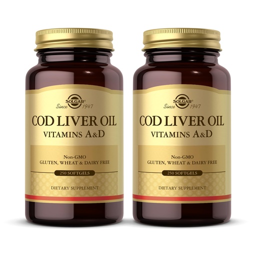 [BRSWKH3YOIDWMHDM] Solgar Cod Liver Oil - 250 Softgels, Pack of 2 - Provides Vitamins A & D - Non-GMO, Gluten Free - 500 Total Servings