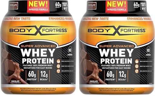 [BRSWGATRCQMB6ELK] Body Fortress Super Advanced Whey Protein Powder, Gluten Free, Chocolate Flavor, 2 Pound, Pack of 2