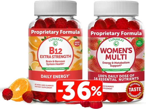 [BRSRMAIOOB4GE233] Lunakai Vitamin B12 və Qadın Multivitamin Gummies Paket - Enerji Support və Bone Health üçün Qeyri-GMO & Vegan əlavə - 100% 16 Essential Vitamin və Minerals Daily Value - 30 Days Supply