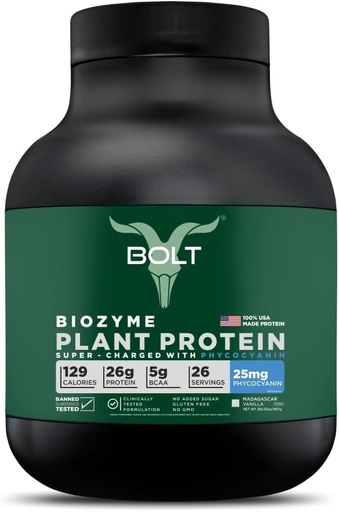 [BRSROGIRBF7W2AI7] Bolt Biozyme Plant Protein | Vegan Protein with Superfood Phycocyanin and Ayurvedic Herbs | Complete Amino Acid Profile for Muscle Support and Recovery | 2Lb/32oz, 26 Servings | Madagascar Vanilla