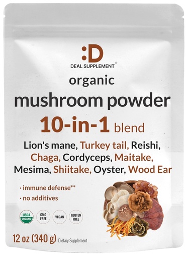 [BRSRO2QFDMIWYE3L] DEAL SUPPLEMENT Organic Mushroom Powder Supplement, 12oz – 10 in 1 Active Blend – Shiitake, Lions Mane, Cordyceps, Chaga, with More –Supports Immune, Energy, & Brain Health – Non-GMO, Vegan